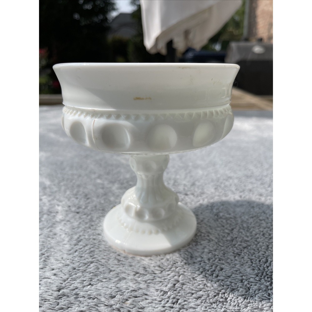 Indiana Glass White Milk Glass King Crown Thumbprint Pedestal Candy Dish